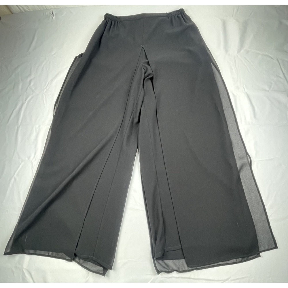 JR NITES WOMENS 14W BLACK WIDE LEG PANTS SHEER OVERYLAY‎ ELASTIC WAIST PLUS 14W